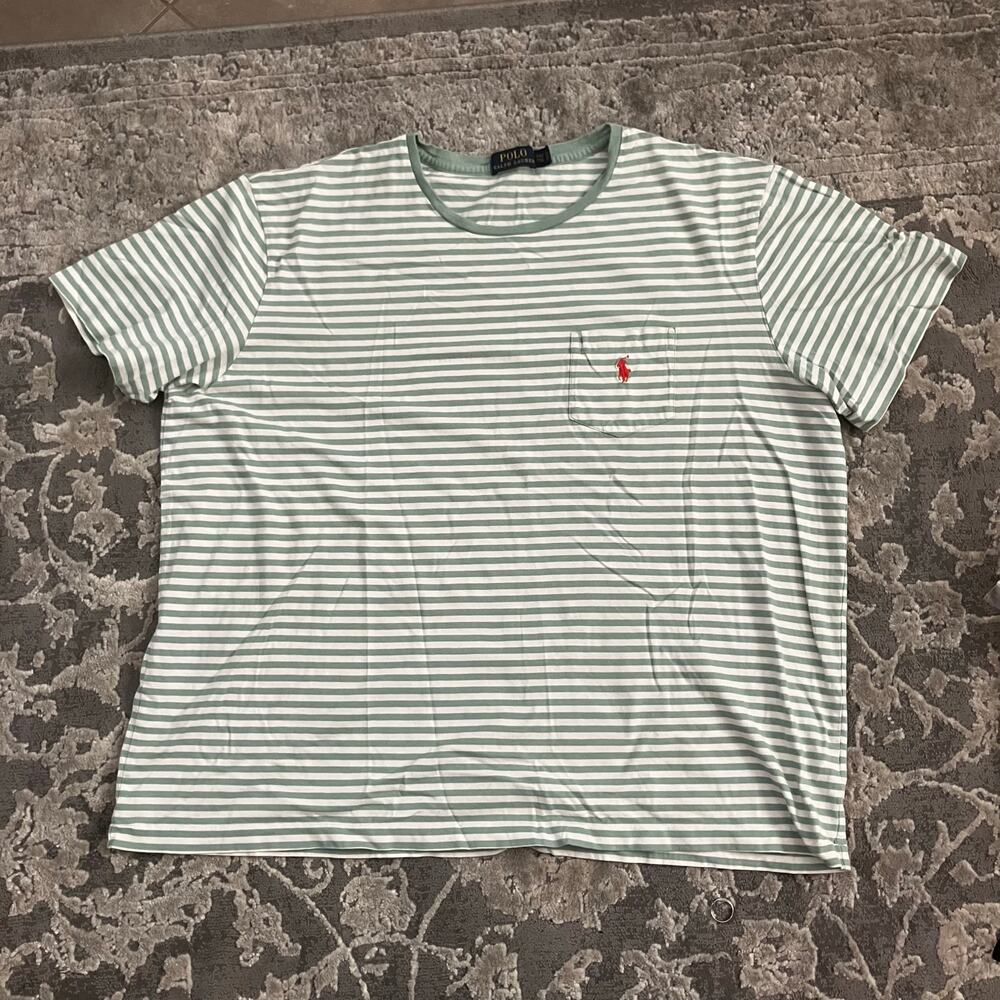 Polo Ralph Lauren Striped Pocket T Shirt Green White Cotton Mens XXL Preppy